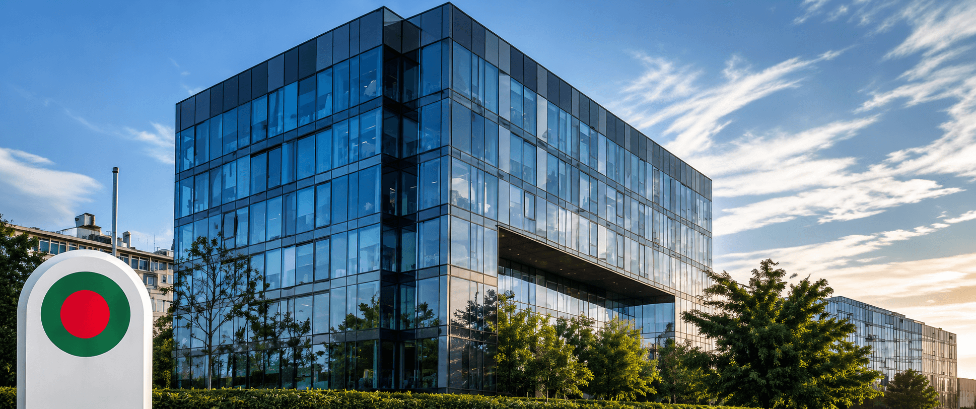 Modern glass office building facade