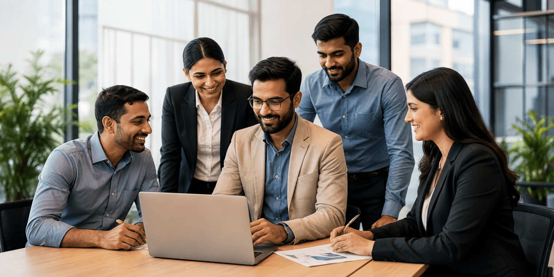 Kurkuri Limited team collaborating around a laptop in a modern office